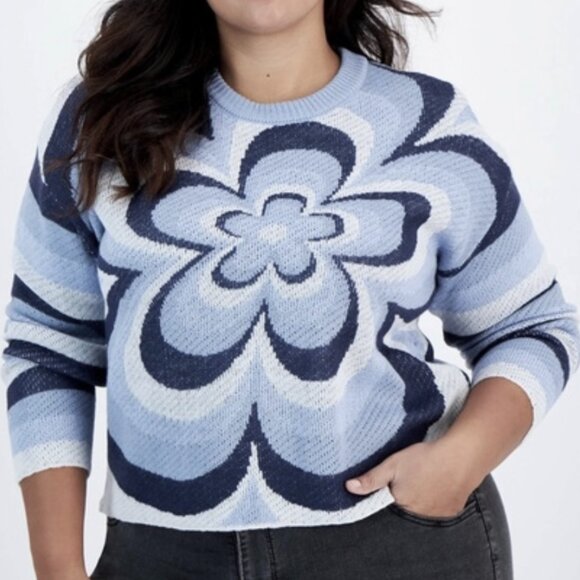 NEW! Just Polly‎ Knit Sweater Blue & White $49  Plus 3X Stripes Abstract Flower - Picture 1 of 12